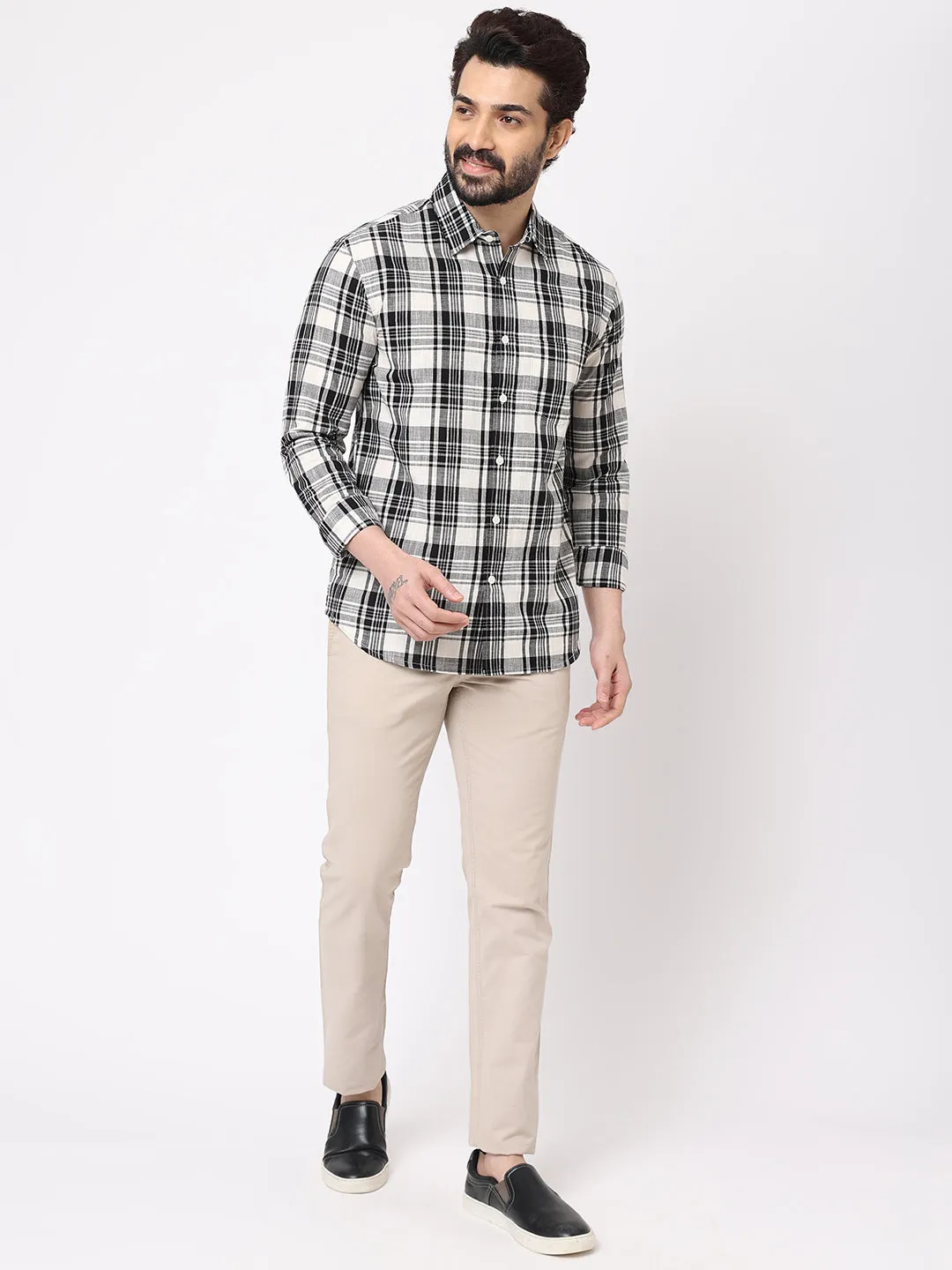 Men's Black Cotton Regular Fit Checked Shirt