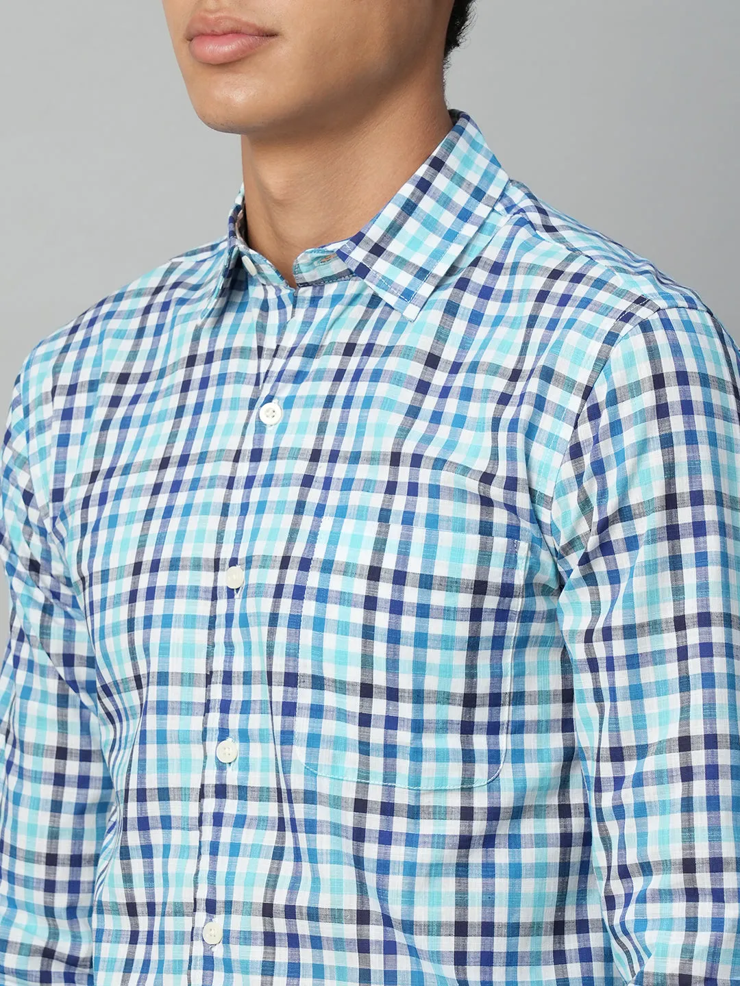 Men's Blue Cotton Regular Fit Checked Shirt