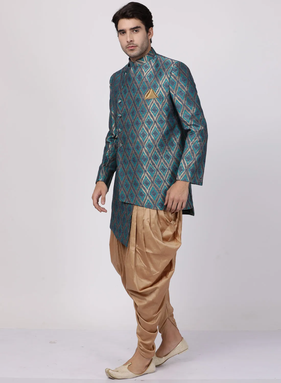 Men's Blue Silk Blend Sherwani Set