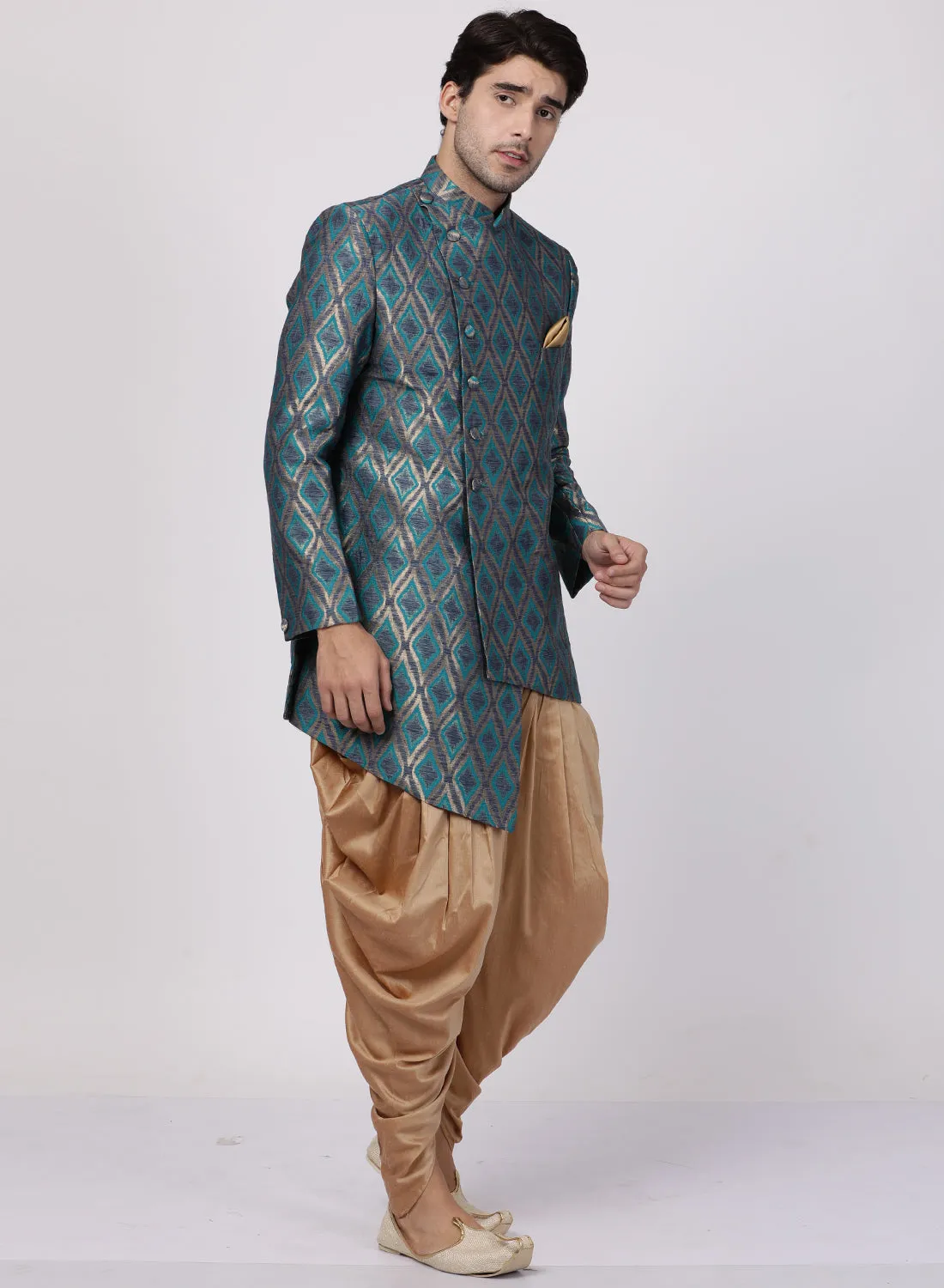 Men's Blue Silk Blend Sherwani Set