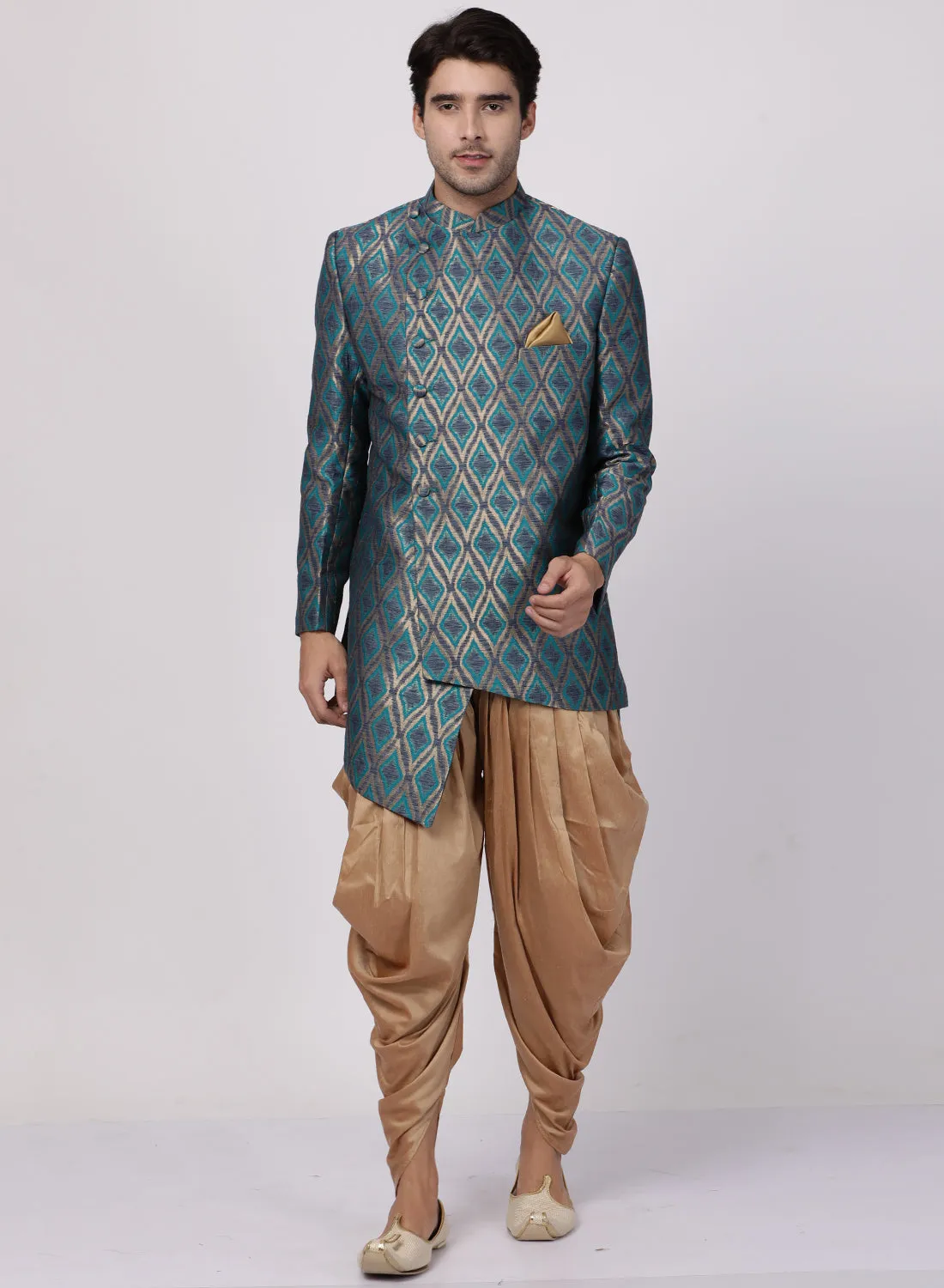 Men's Blue Silk Blend Sherwani Set