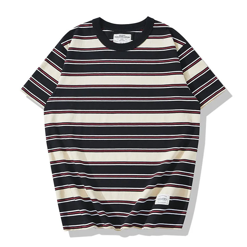 Men's casual retro pinstripe thickened Breton Top short-sleeved T-shirt