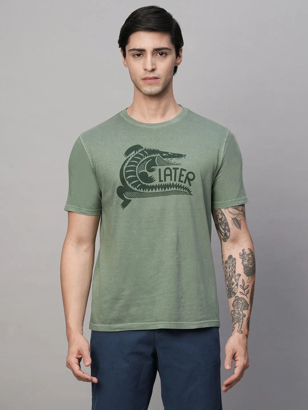 Men's Green Cotton Regular Fit Tshirt