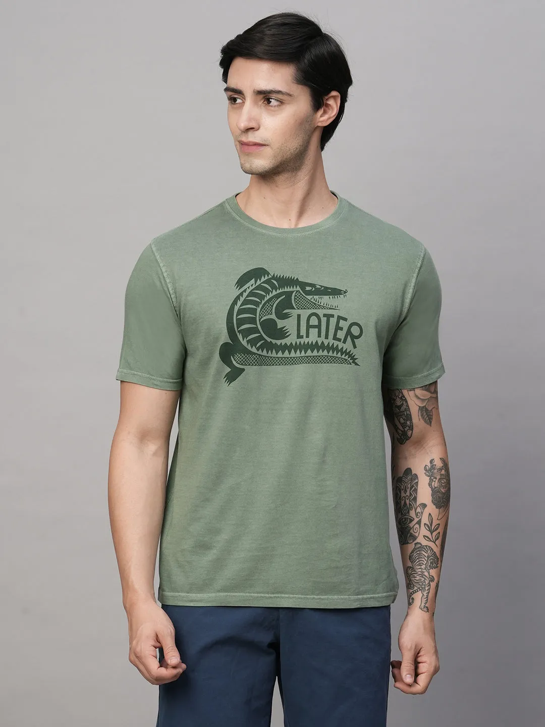 Men's Green Cotton Regular Fit Tshirt