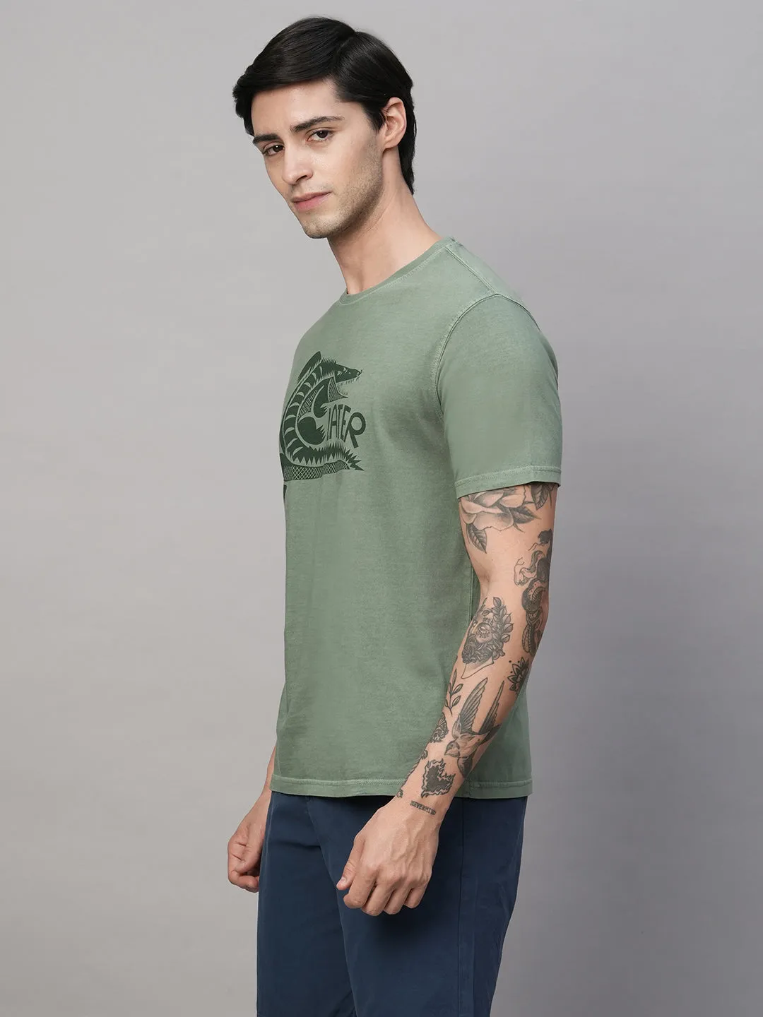 Men's Green Cotton Regular Fit Tshirt