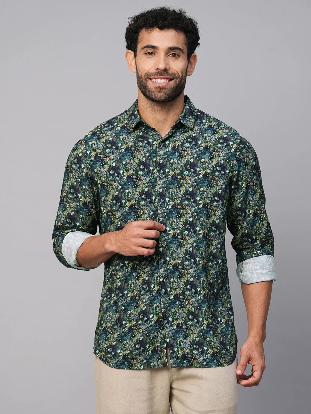 Men's Green Viscose Slim Fit Printed Shirt