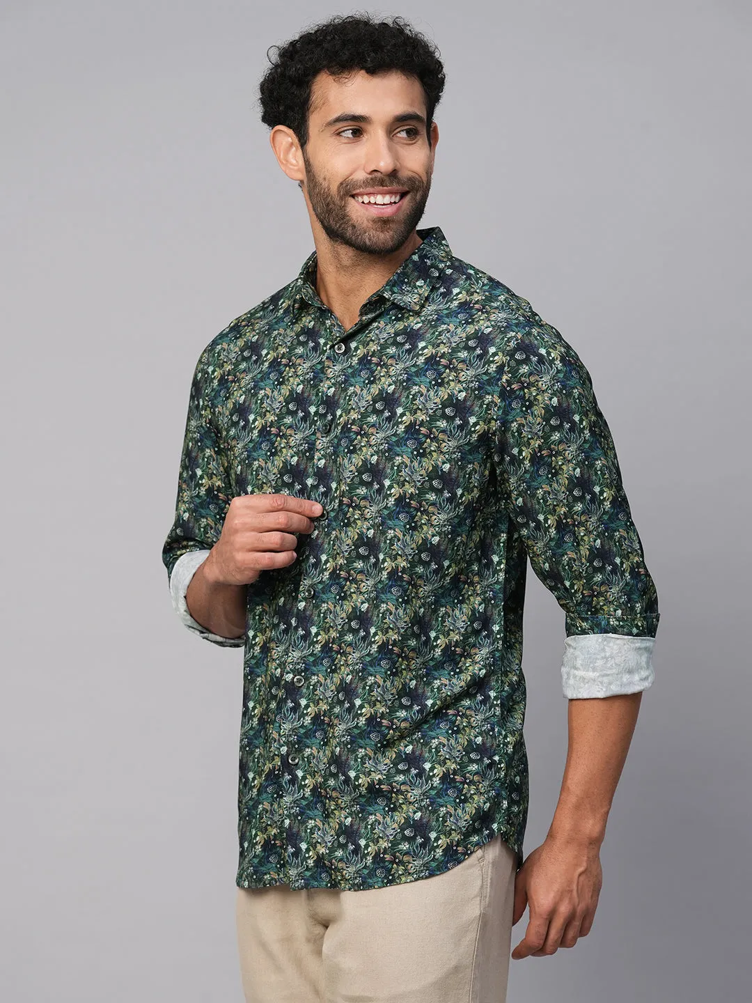 Men's Green Viscose Slim Fit Printed Shirt