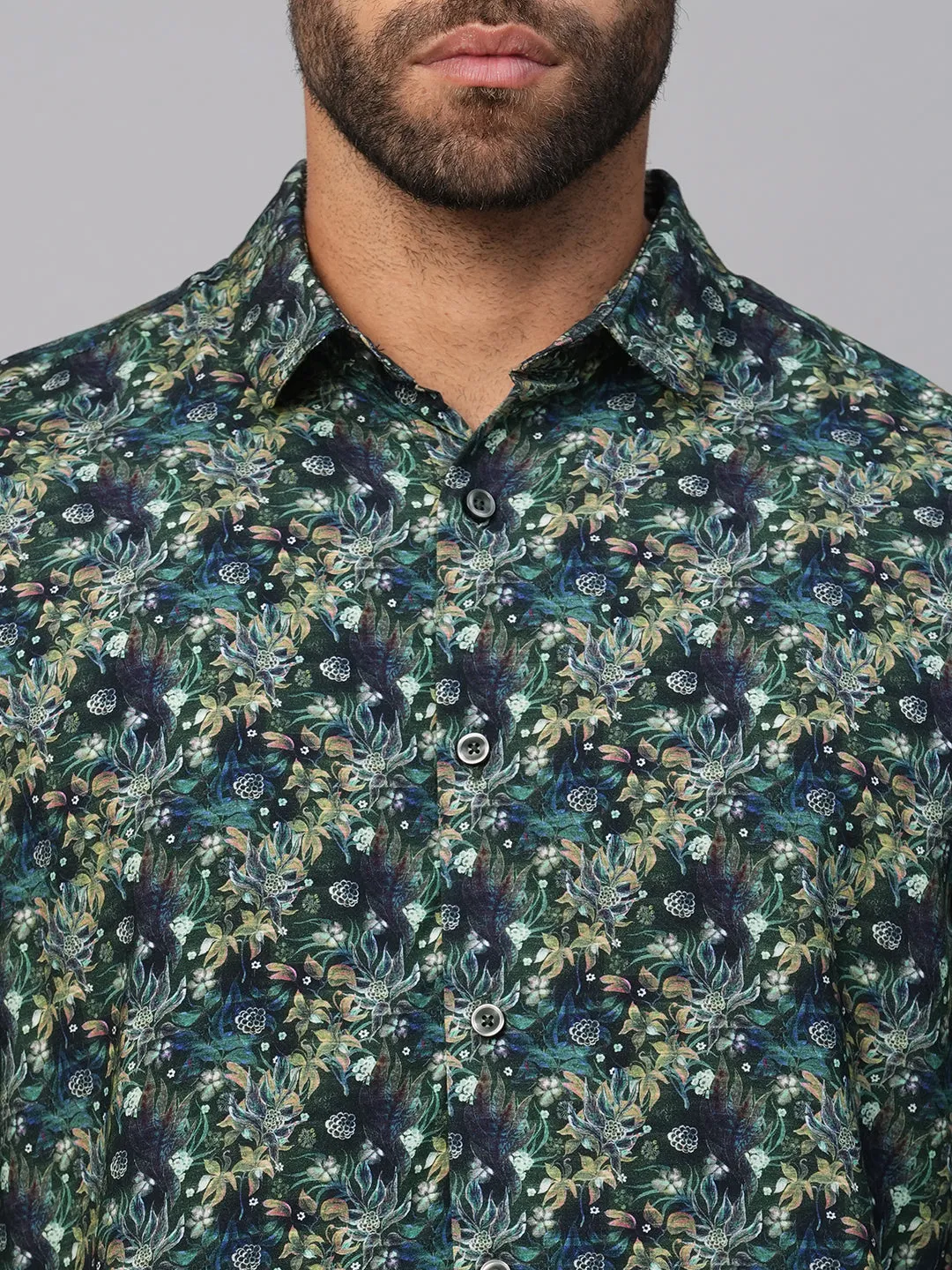 Men's Green Viscose Slim Fit Printed Shirt