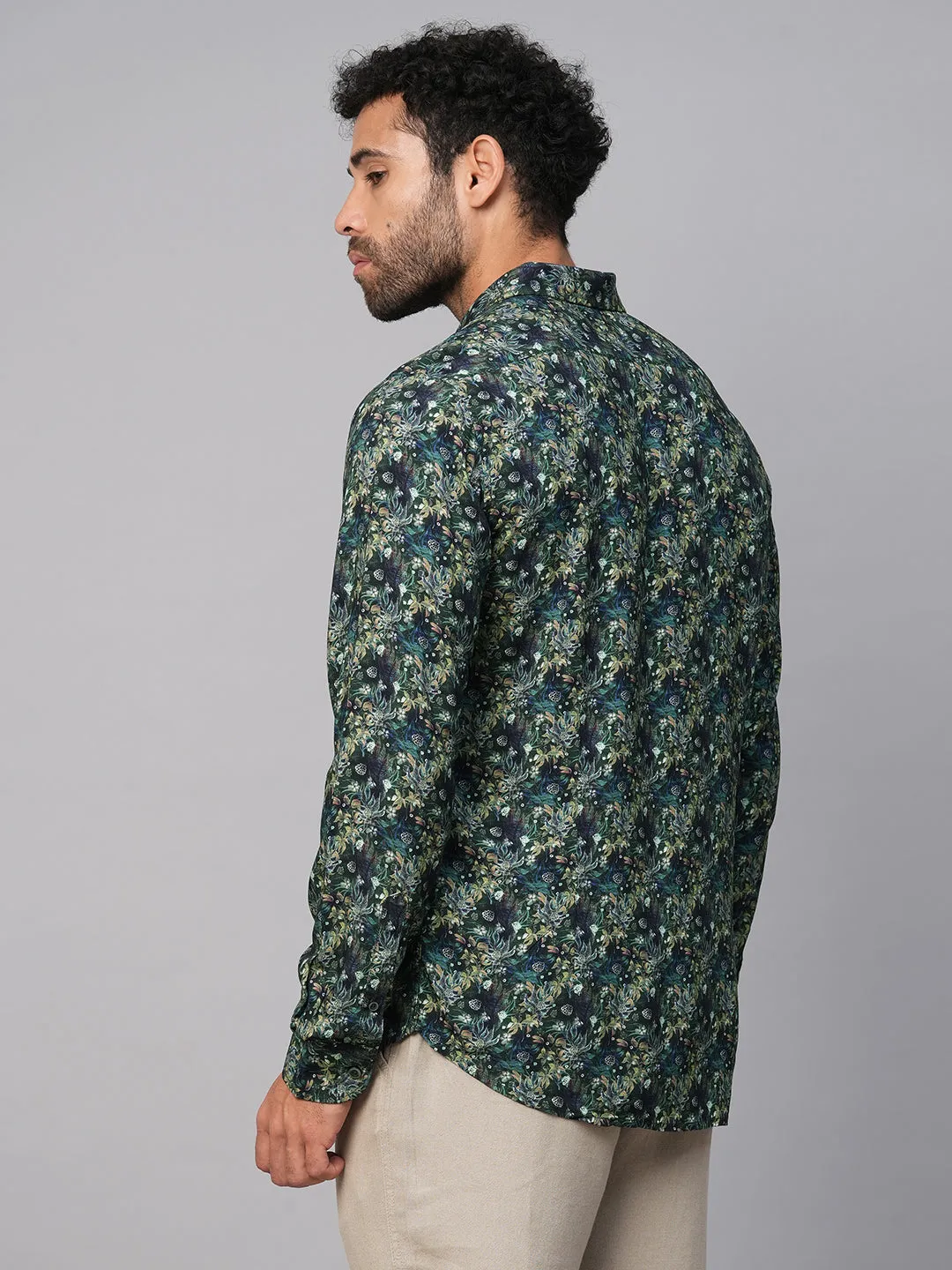 Men's Green Viscose Slim Fit Printed Shirt