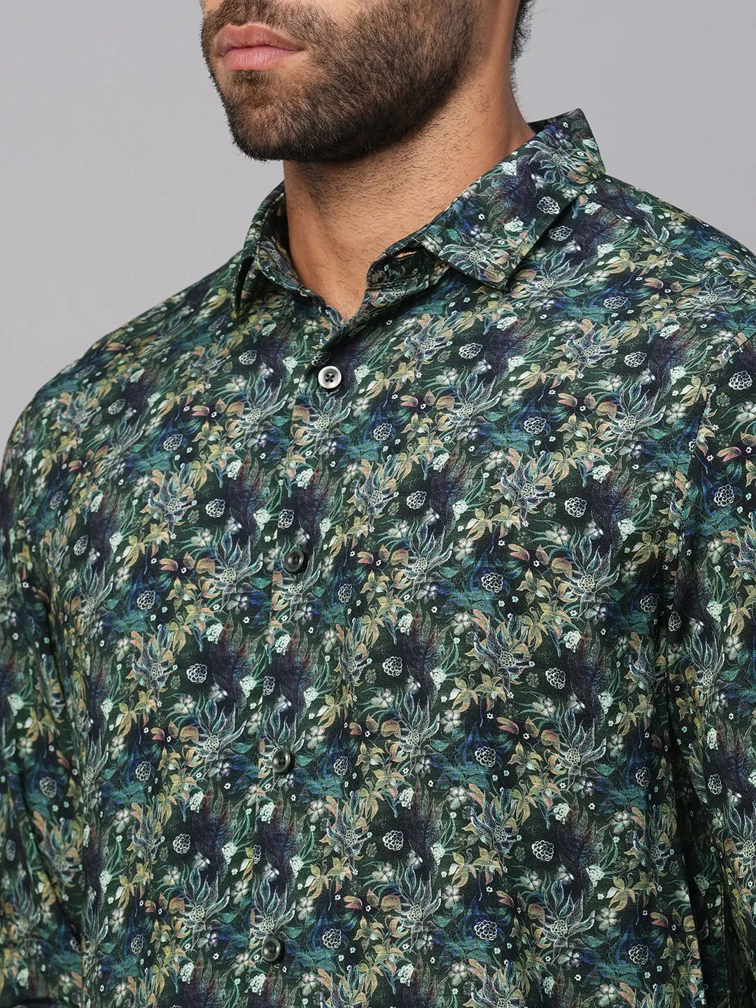 Men's Green Viscose Slim Fit Printed Shirt