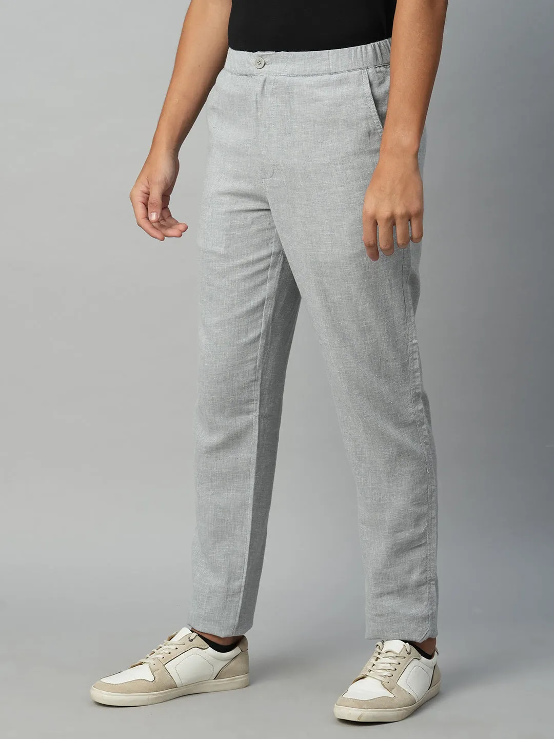 Men's Grey Cotton Linen Regular Fit Draw String Pant