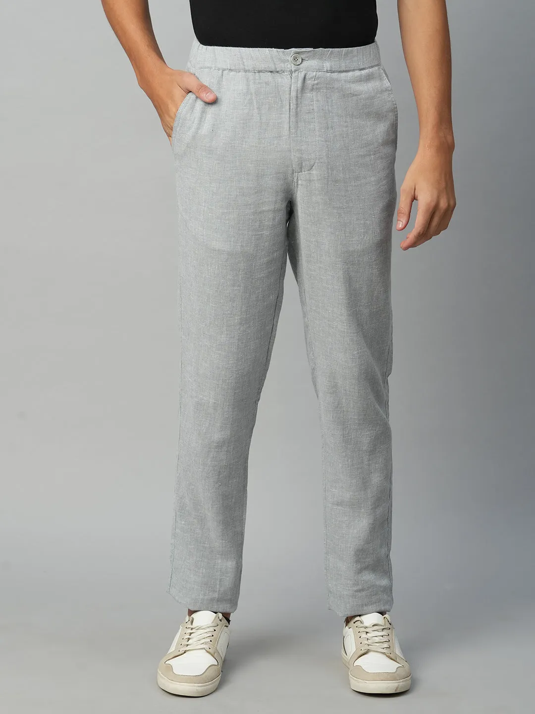 Men's Grey Cotton Linen Regular Fit Draw String Pant