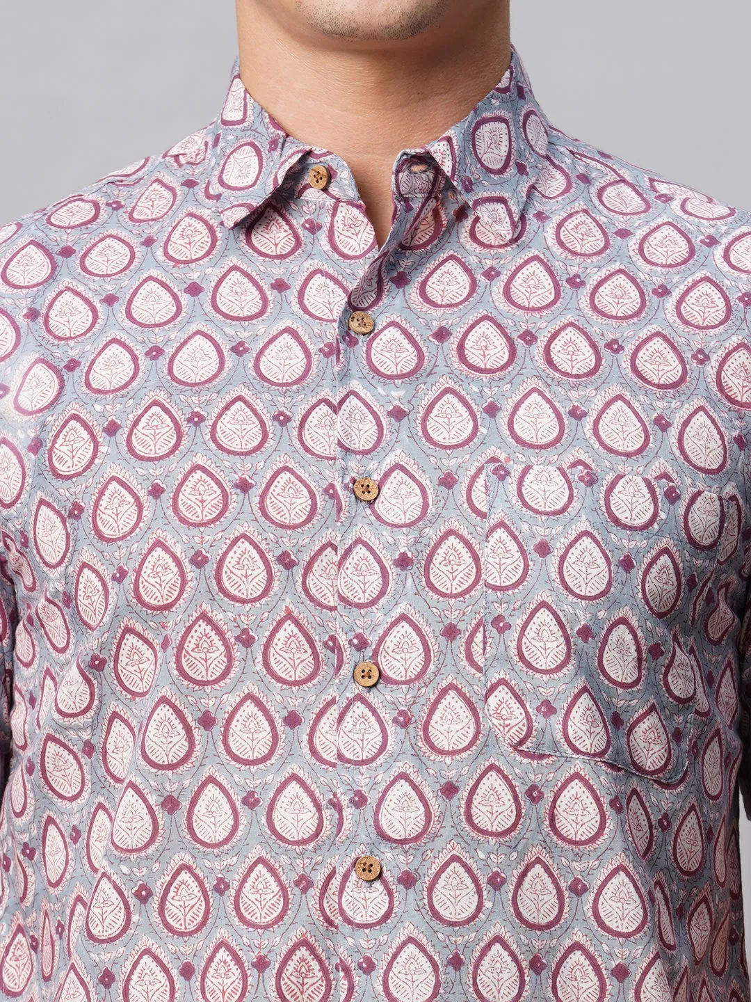 Men's Grey Cotton Regular Fit Printed Shirt