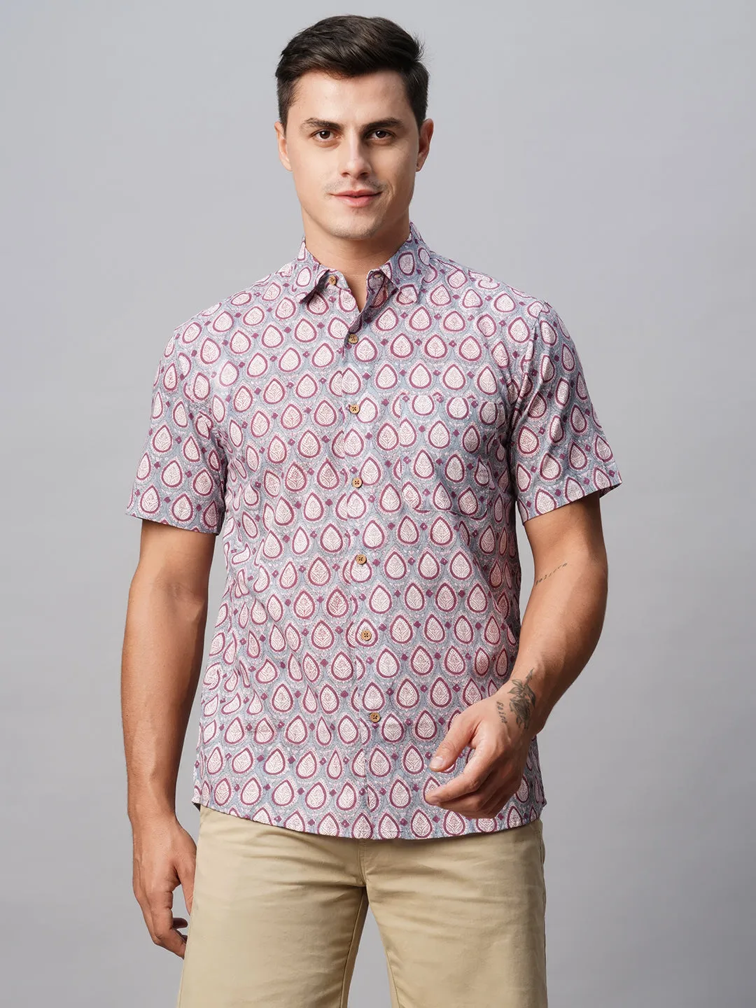 Men's Grey Cotton Regular Fit Printed Shirt