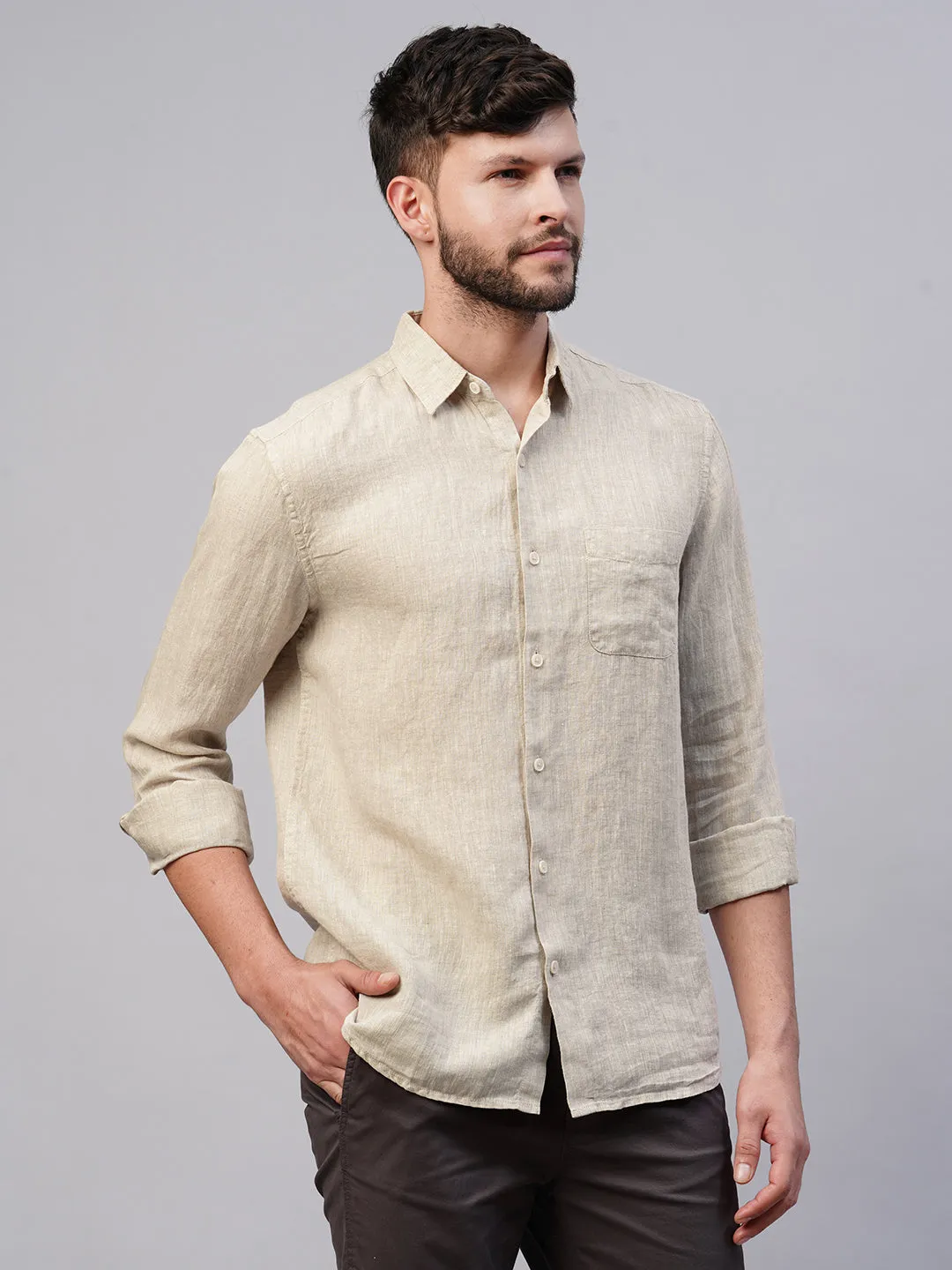 Men's Natural 100% Linen Regular Fit Long Sleeved Shirt