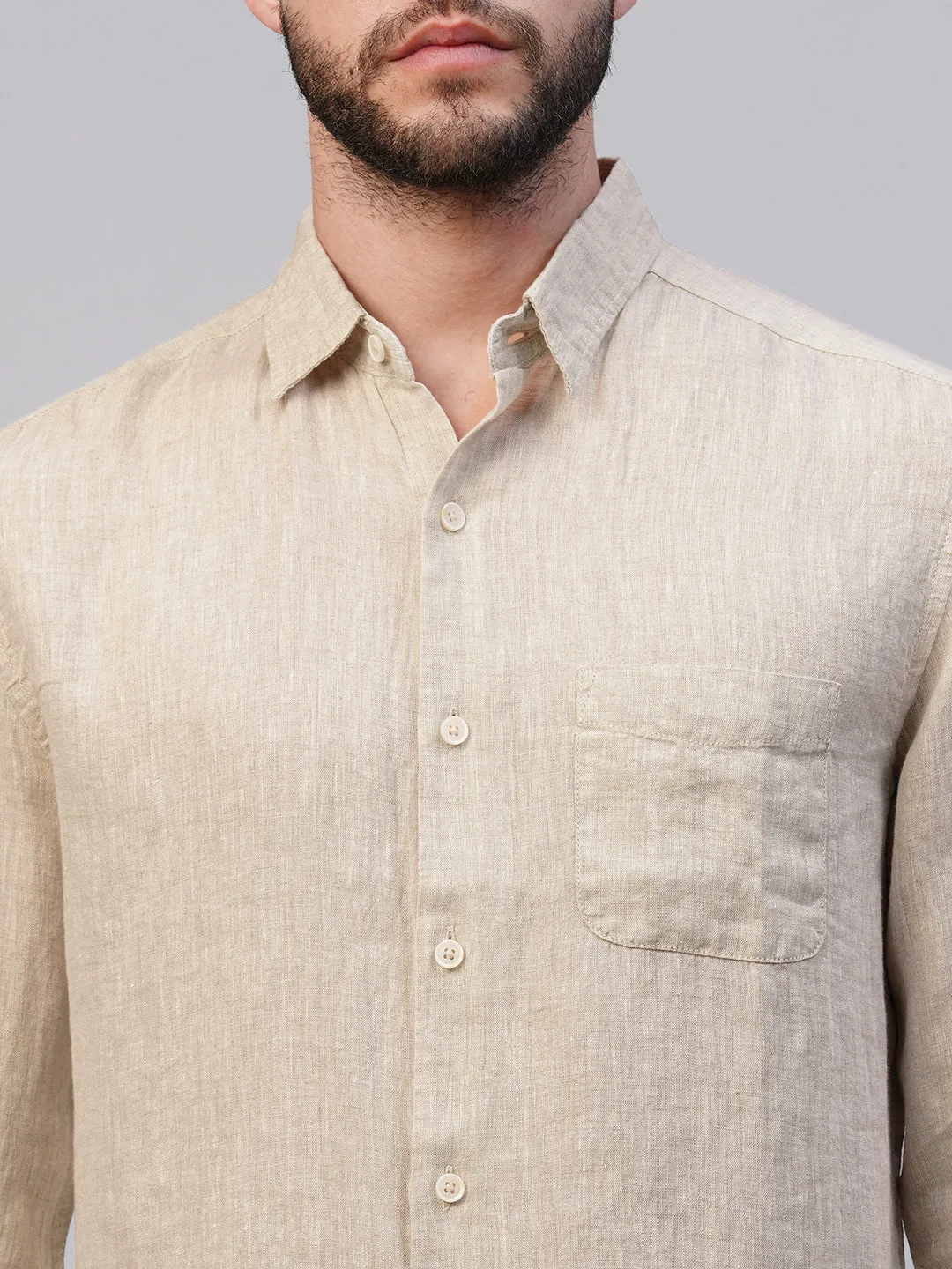 Men's Natural 100% Linen Regular Fit Long Sleeved Shirt