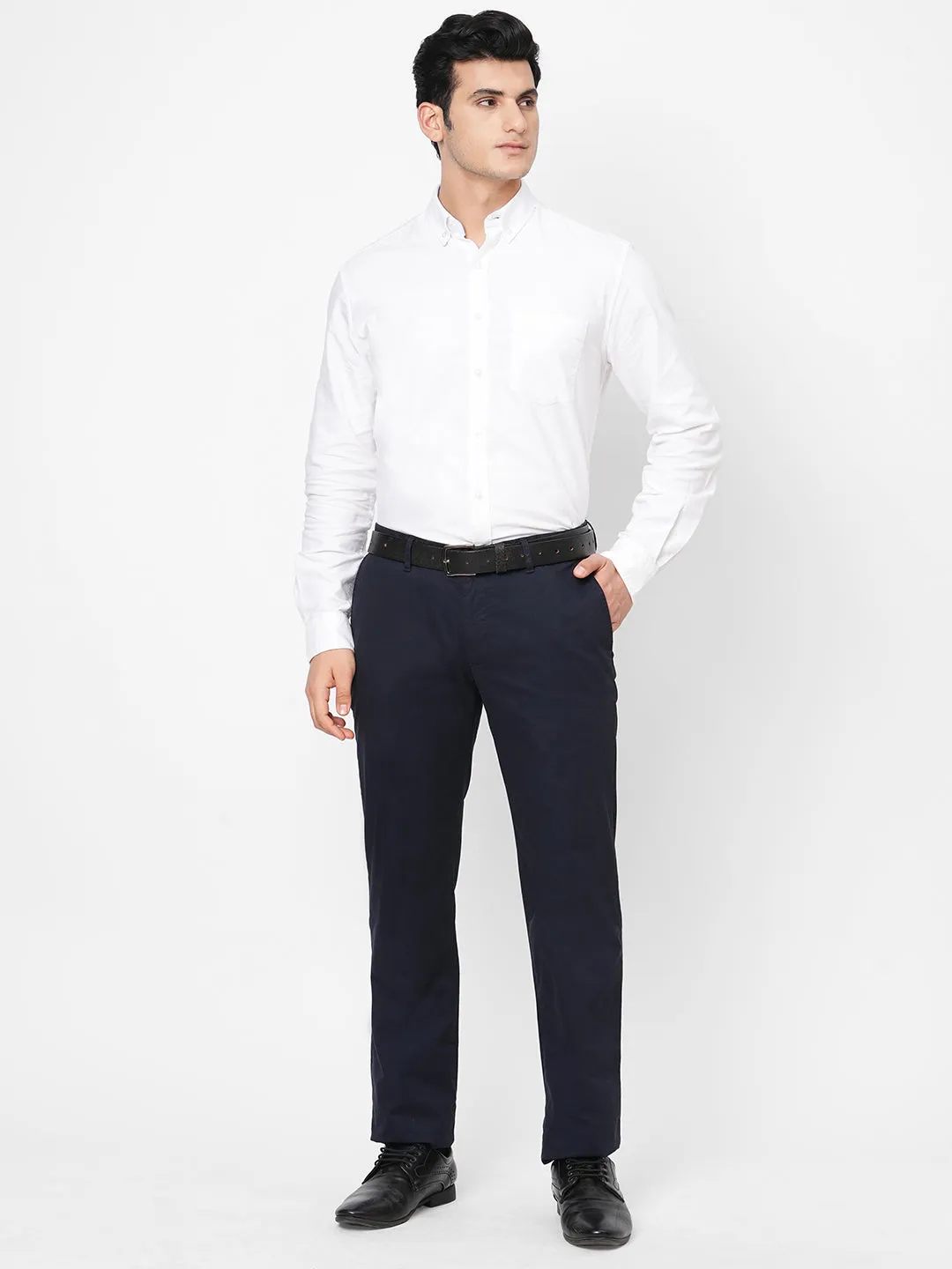 Men's Navy Cotton Lycra Regular Fit Pant