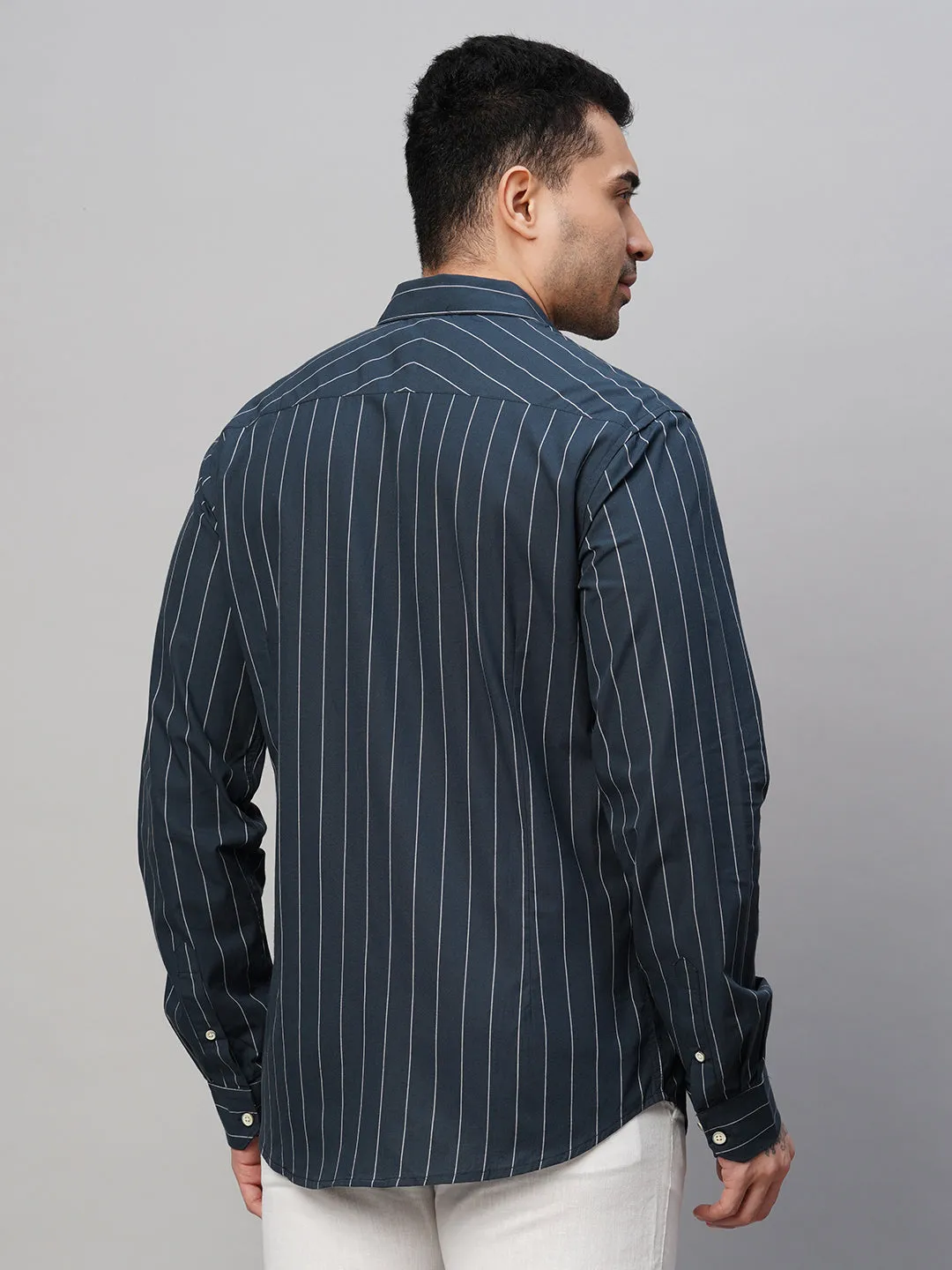 Men's Navy Cotton Slim Fit Striped Shirt