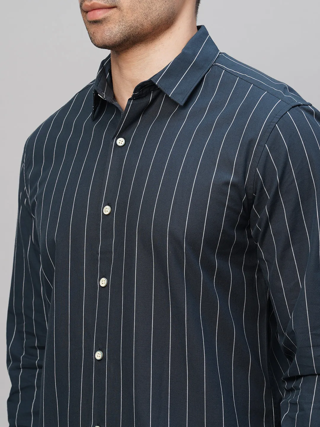 Men's Navy Cotton Slim Fit Striped Shirt