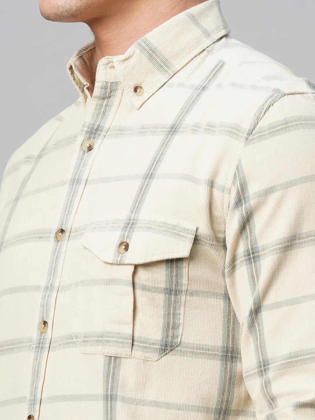 Men's Offwhite Cotton Regular Fit Checked Shirt