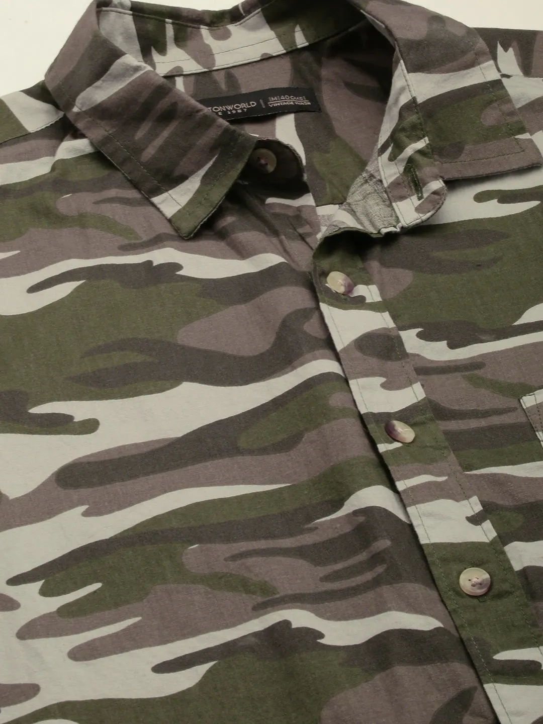 Men's Olive Cotton Camo Printed Regular Fit Short Sleeve Printed Shirt