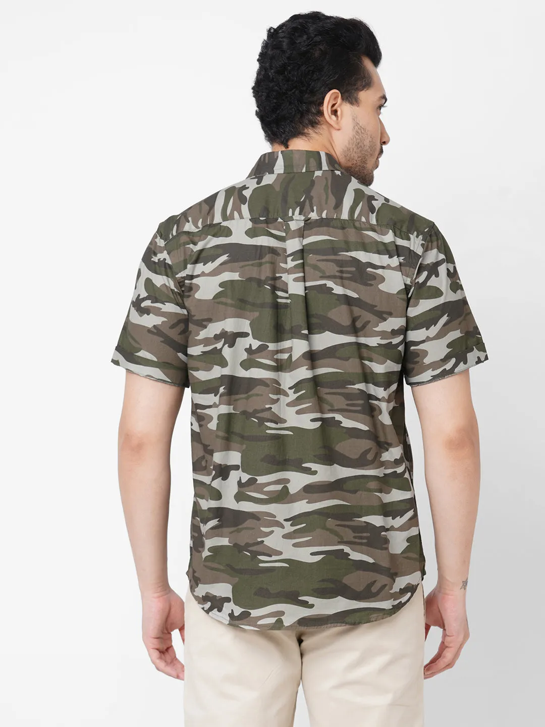 Men's Olive Cotton Camo Printed Regular Fit Short Sleeve Printed Shirt