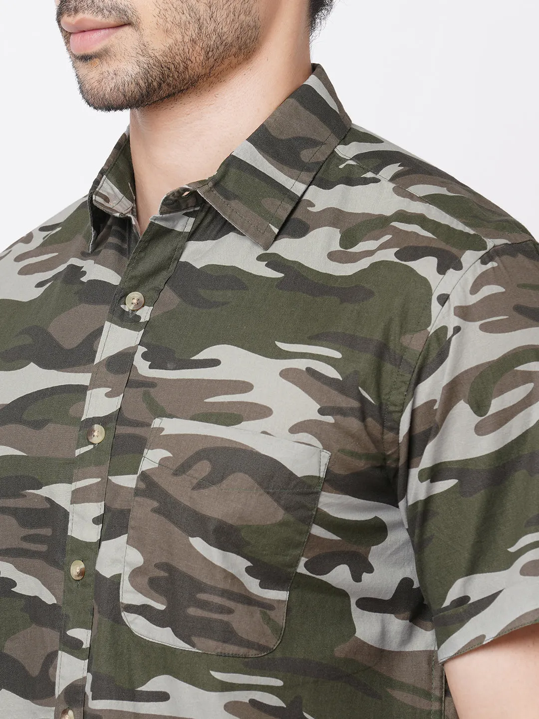 Men's Olive Cotton Camo Printed Regular Fit Short Sleeve Printed Shirt