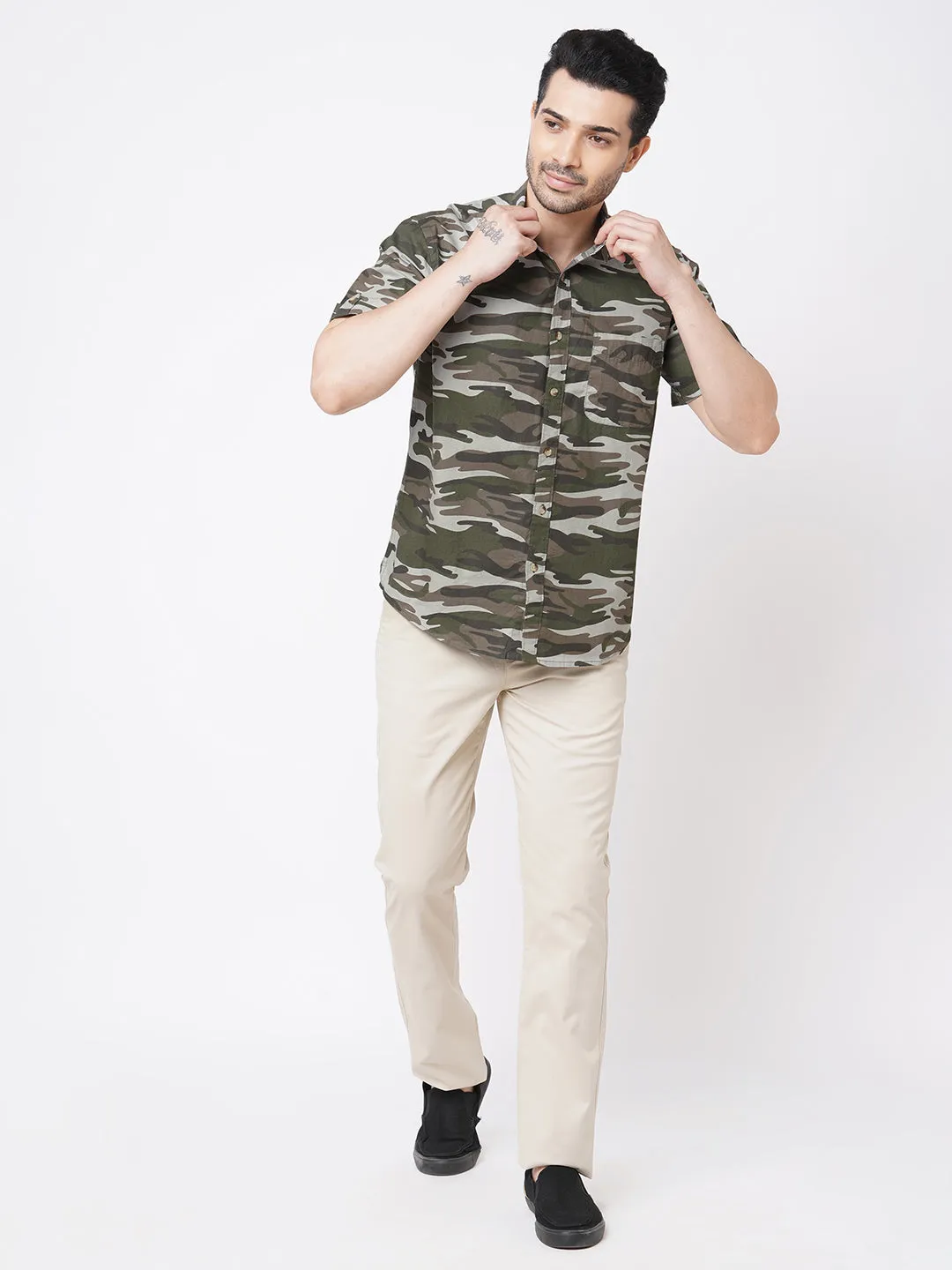 Men's Olive Cotton Camo Printed Regular Fit Short Sleeve Printed Shirt