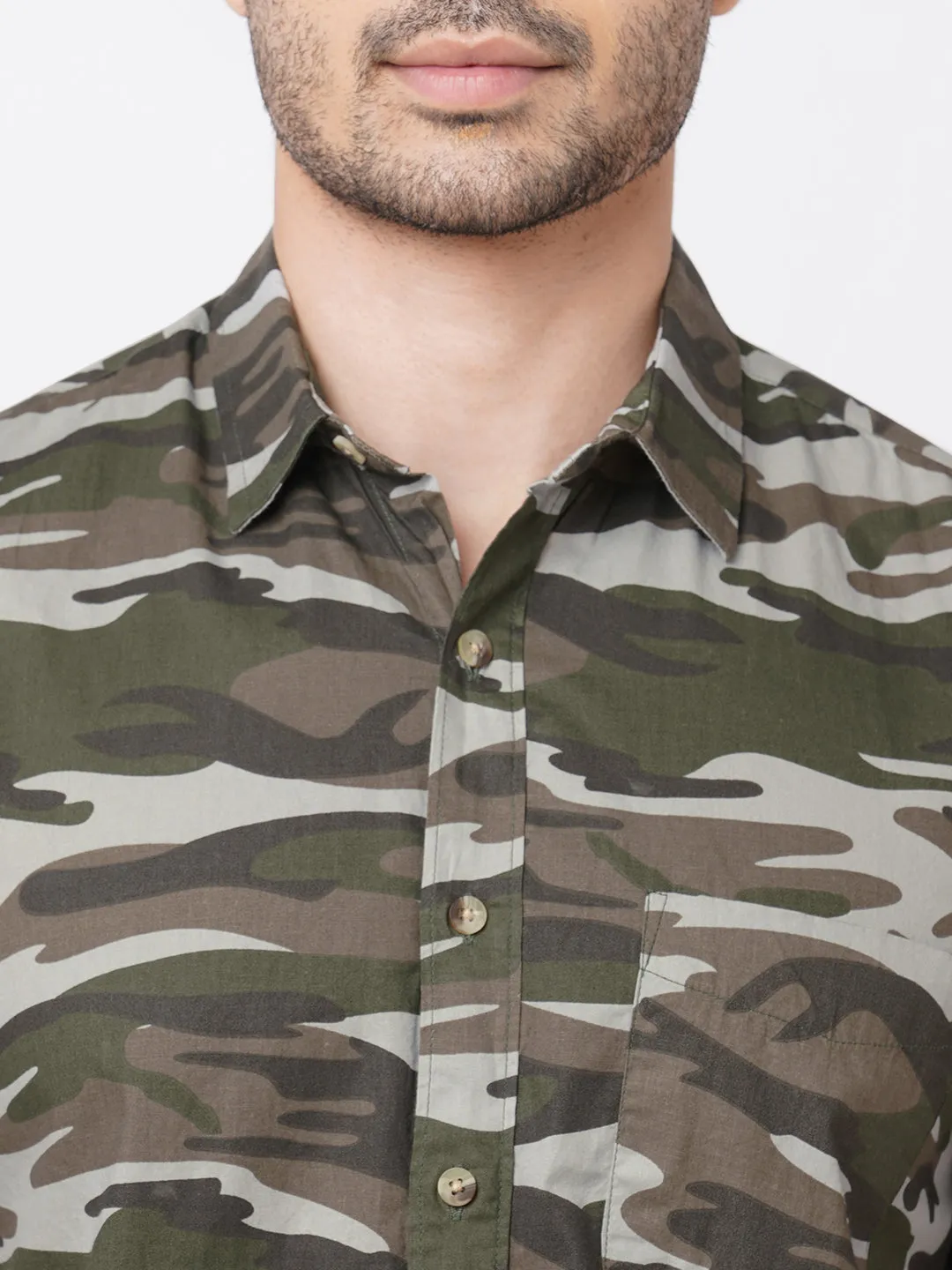 Men's Olive Cotton Camo Printed Regular Fit Short Sleeve Printed Shirt