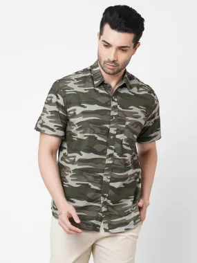 Men's Olive Cotton Camo Printed Regular Fit Short Sleeve Printed Shirt