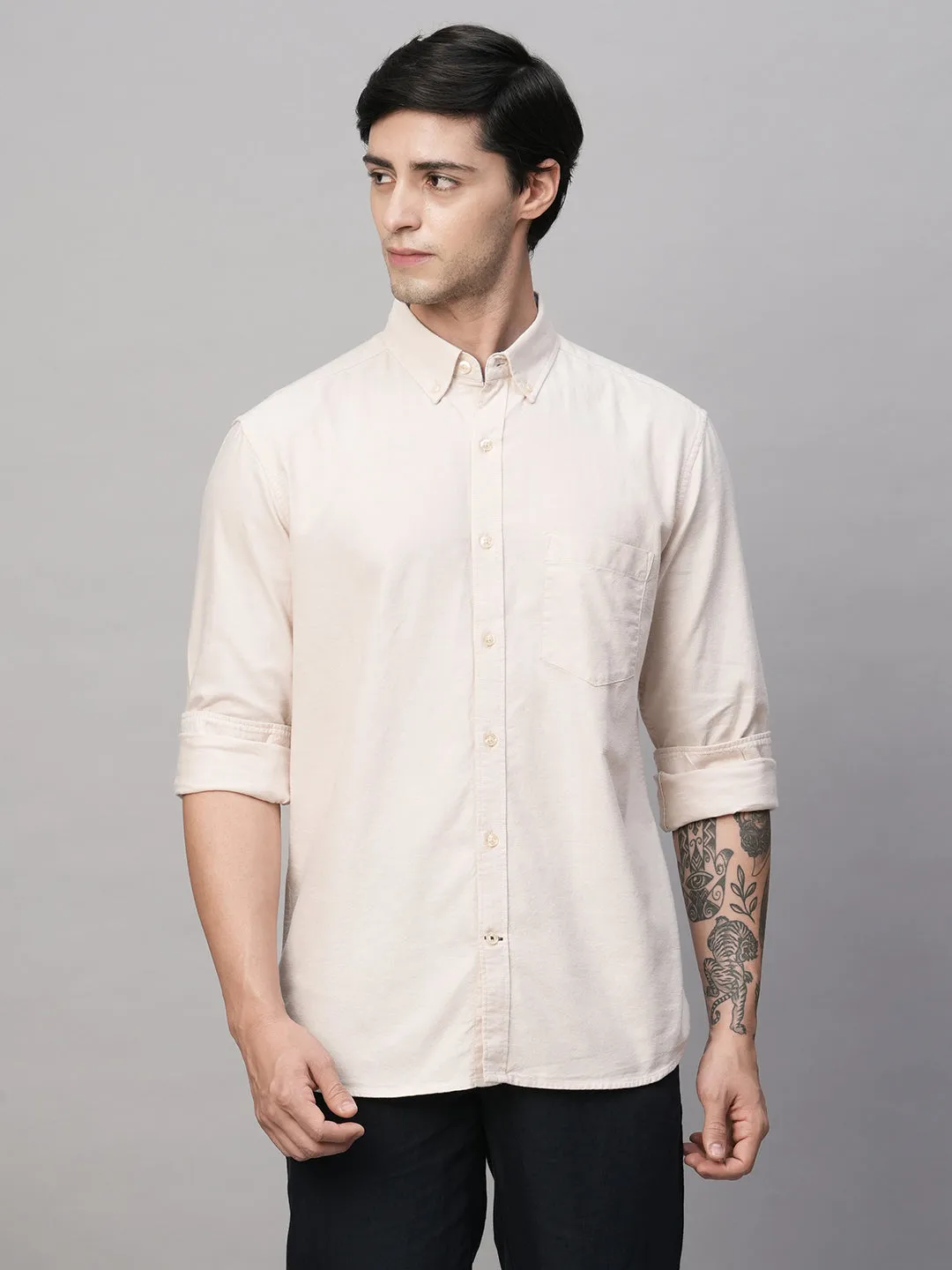 Men's Oxford Khaki Cotton Regular Fit Shirt