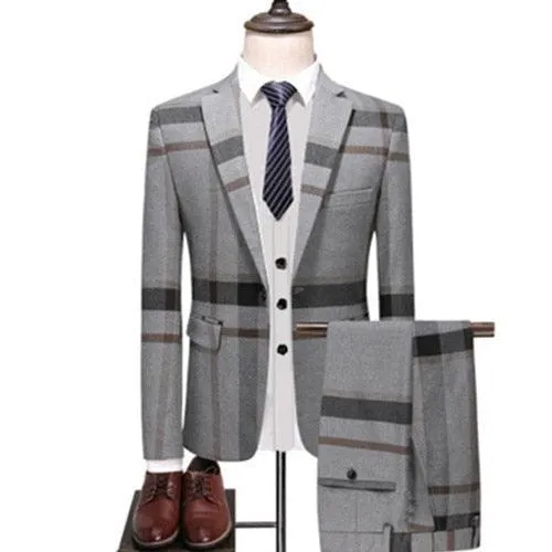 Men's Wedding Plaid Blue Gray Blazers Jacket Pants Vest 3 Pcs Set  202 Slim Fit Business Tuxedo Dress Classic Formal Suits Coat