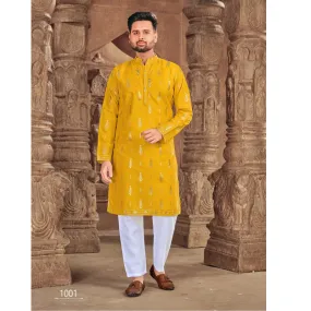 Men's Yellow Cotton Kurta with Foil Print and Pajama