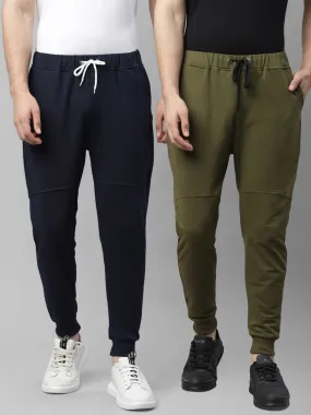 Navy Blue and Olive Green Cut & Sew Ankle Length Regular Fit Terry Jogger - Pack of 2