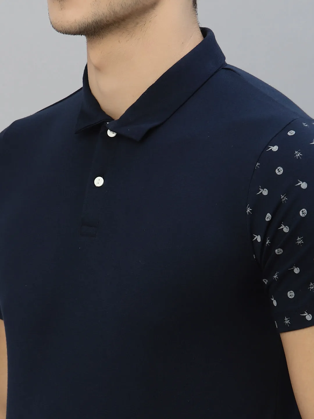 Navy Printed Polo Neck Half Sleeve T-Shirt