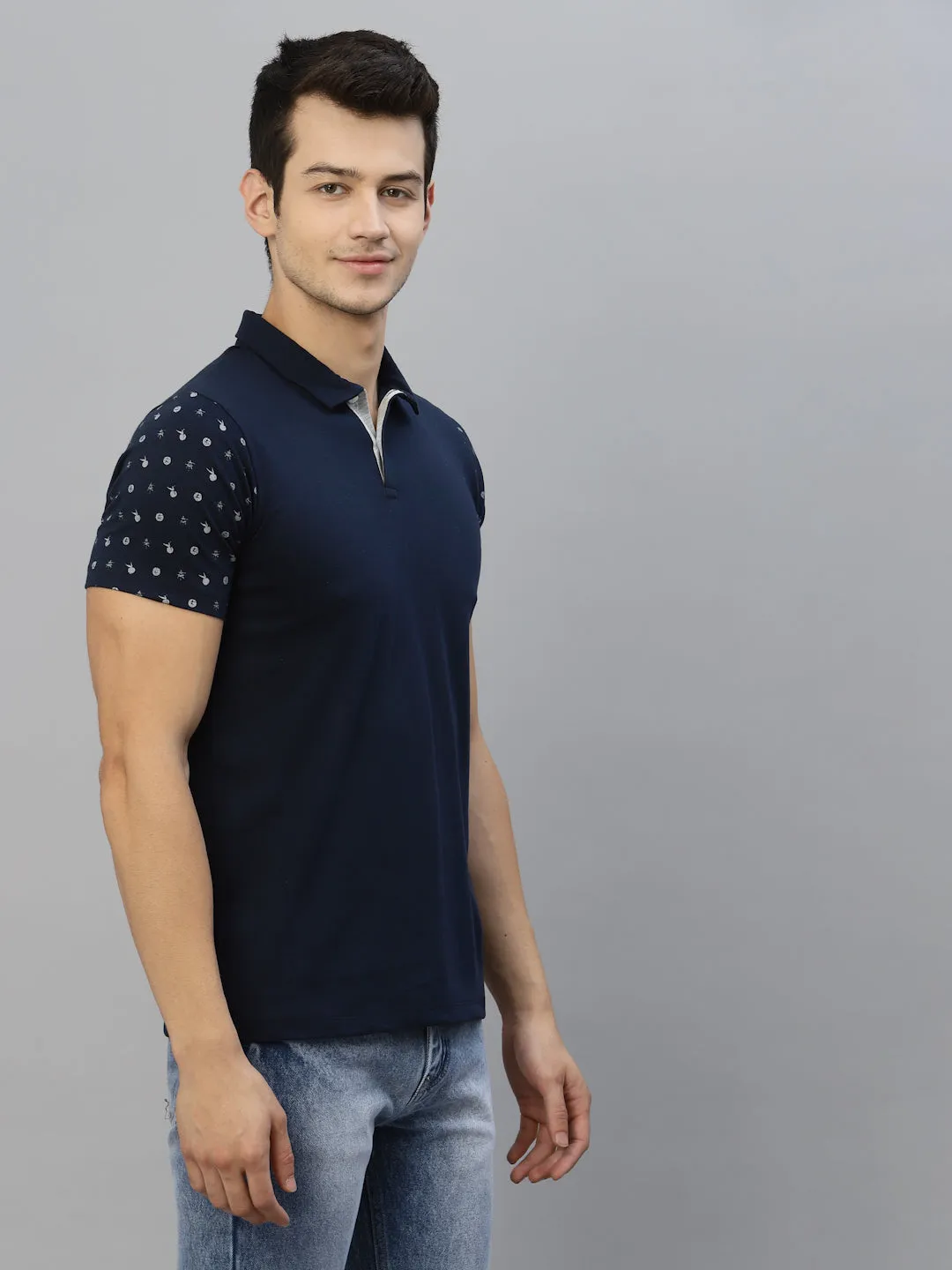 Navy Printed Polo Neck Half Sleeve T-Shirt