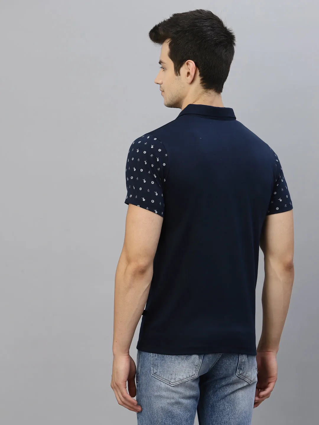 Navy Printed Polo Neck Half Sleeve T-Shirt