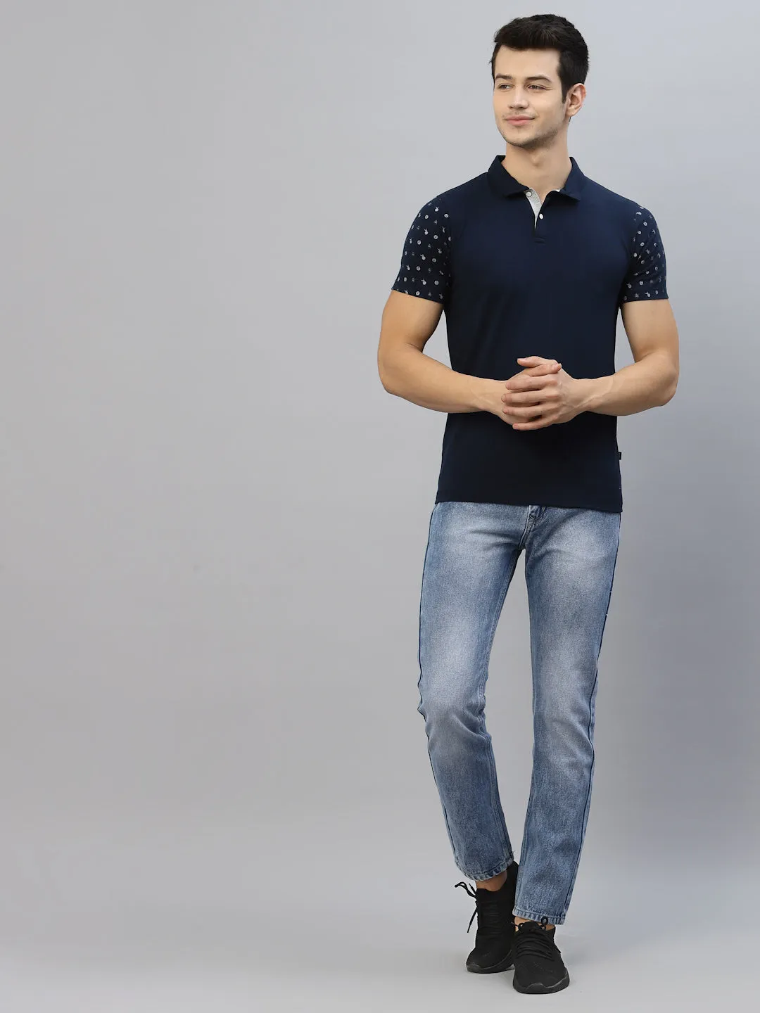 Navy Printed Polo Neck Half Sleeve T-Shirt