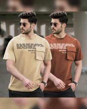 (Pack of 2) Men Oversized T-Shirt With Flap Pocket | Beige & Brown