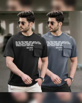 (Pack of 2) Men Oversized T-Shirt With Flap Pocket | Black & DarkGrey