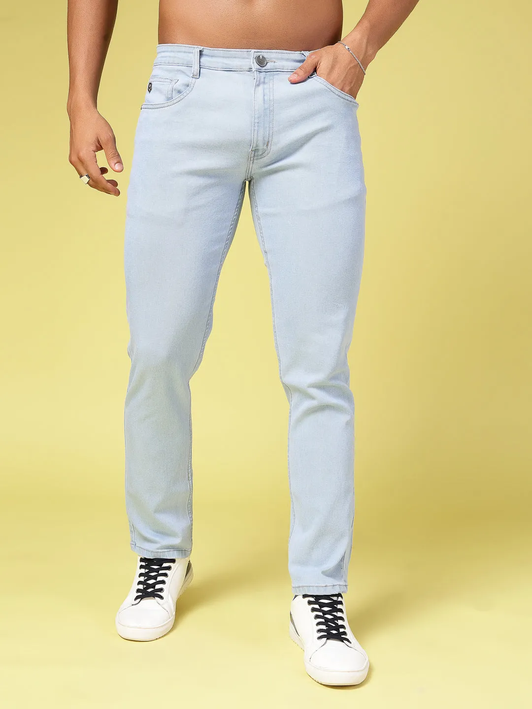 Solid Slim Fit Button Zipper Jeans