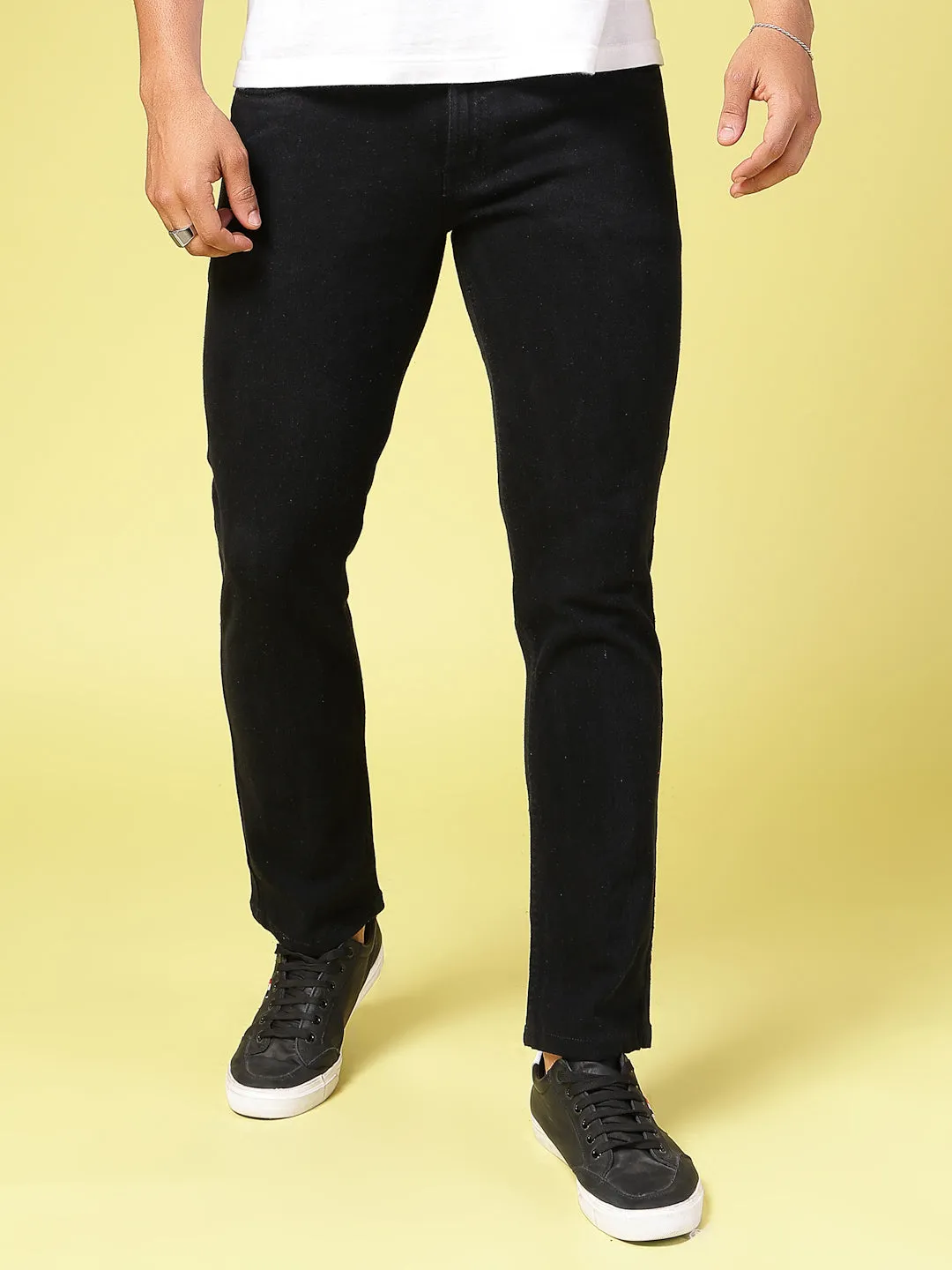 Solid Slim Fit Button Zipper Jeans