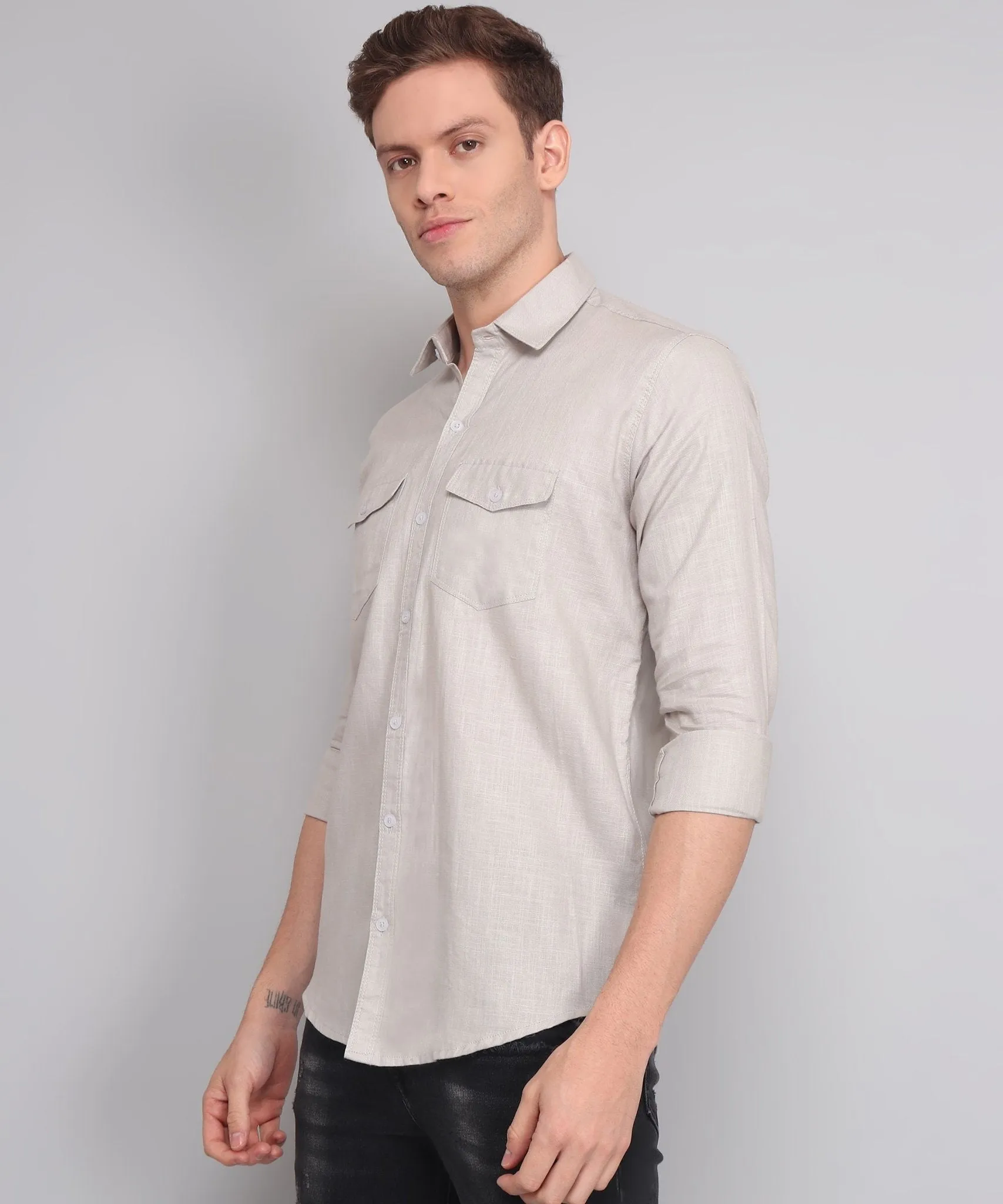 TryBuy Premium Grey Solid Cotton Linen Double Pocket Button-Up Shirt For Men