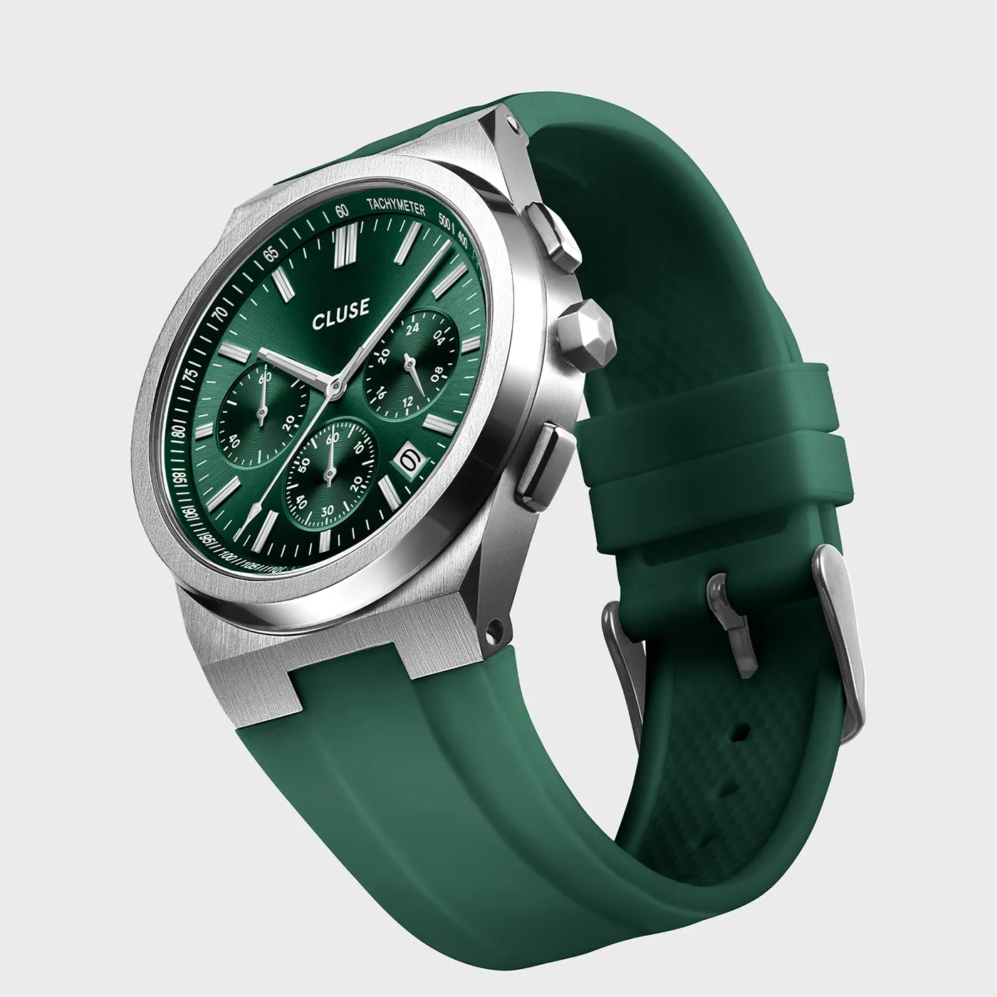 Vigoureux Chrono Watch Silicone Green, Silver Colour