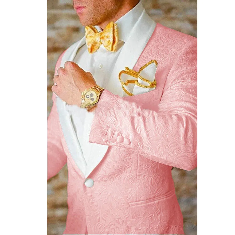 Xituodai 2024 Custom Made Jacquard Groomsmen Pink Groom Tuxedos White Shawl Lapel Men Wedding Suits Prom Party Best Man Blazer Pants Set